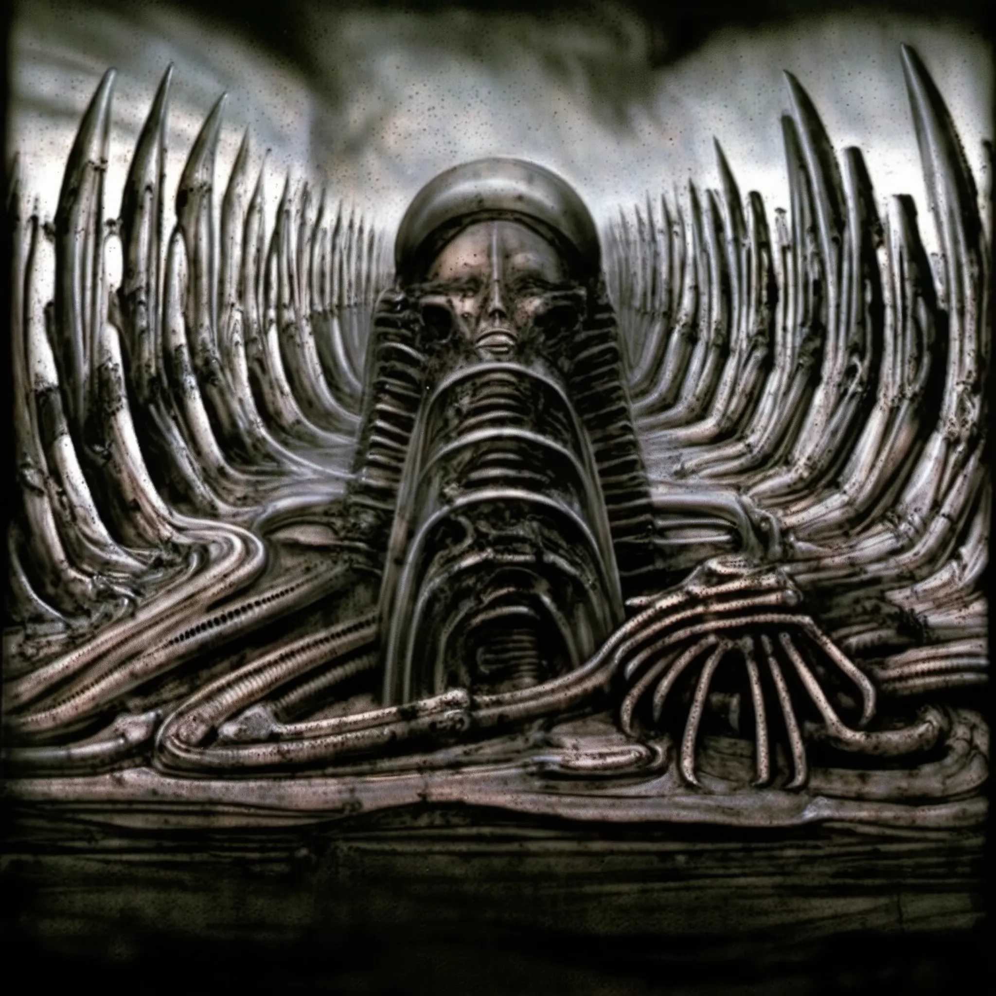 h. r. giger's g1g3r, , giger_style,  create biomechanical landscape by hans rudie giger composed of fossilized and mummified ali...