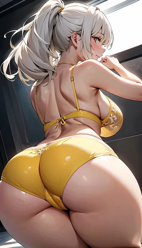  slouching forward、Big Breasts、Accentuate your butt、 （ Dynamic Composition from directly below:1.3）、 White hair color 、((masterpiece,  best quality,     best image quality,  High image quality)),  Young pretty girl ,(( transparent yellow lingerie)))Her bac...