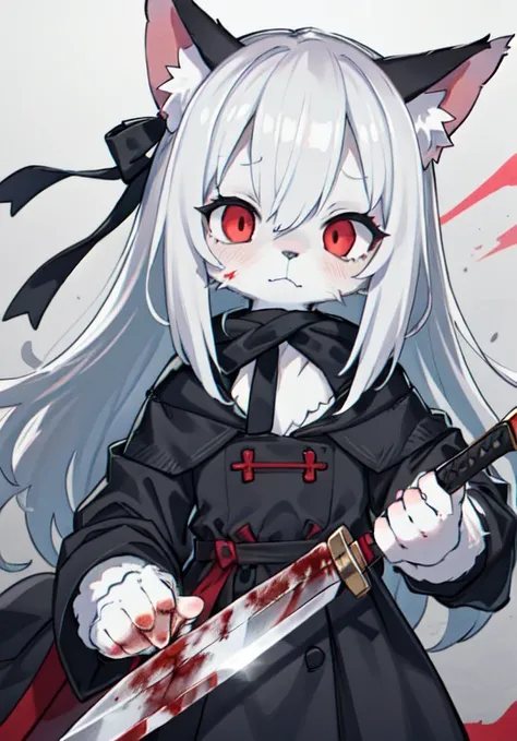 Furry、 furry 、Scalpel、Fluffy、Psychopath、Cold、scared、Madness、assassin、Emotionless、White Hair、Red eyes、cat、Holding a knife、Blood splatter