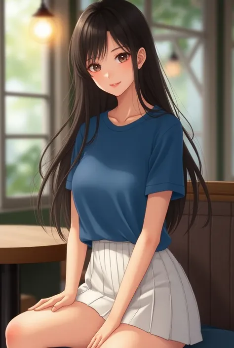 ((top-quality、8k、​masterpiece:1.3))、Shot in a café、gals、beauty legs、Blue T-shirt、white miniskirt、1girl in、beautfull Japanease woman:1.3、(Longhaire、 out:1.2)、 Blue T-shirt:1.2、Beautiful Women in Perfect Style：1.4、Perfect eyes、Even-eyed、Natural smile、Perfect...