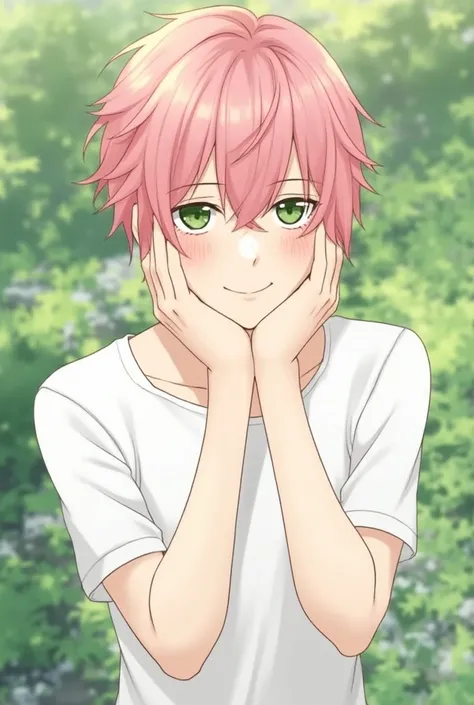  masterpiece,  Best quality , time, Alone, 1 male, casual,  20-year-old male,  pink hair, eyes green,  tight white shirt, delgado, sweet smile,  upper body ,  hands on chin , garden background , light blush, straight hair.