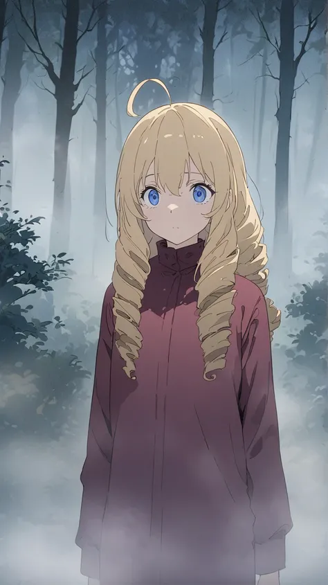  woman、blonde、Long Hair、Drill Hair、Ahoge、  blue eyes、Tree Eyes、Narrow eyes、In the fog、  maroon sportswear、  Maroon Pants 、walk、misty forest background 、 upper body、anime、Illustration、 best quality、 masterpiece、Best Hand、