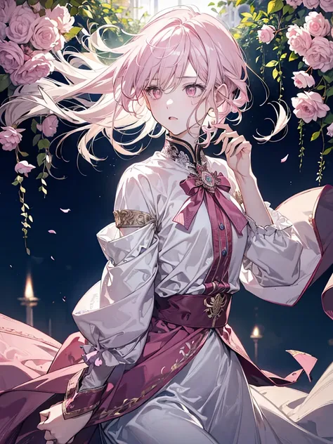 boy, with pink eyes, short white wavy hair. not have expression, she sleppy. Background in luxurious mansion