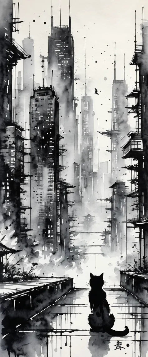 日本のInk Painting, Ink Painting, Ink Painting, 日本のInk Painting,  skyscrapers , Metropolis,  Cyberpunk ,cat