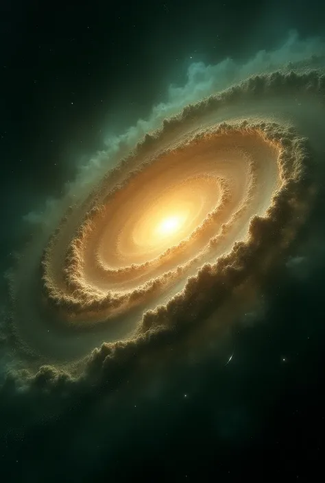 Galaxy seen from the front in shades of green and brown and yellow