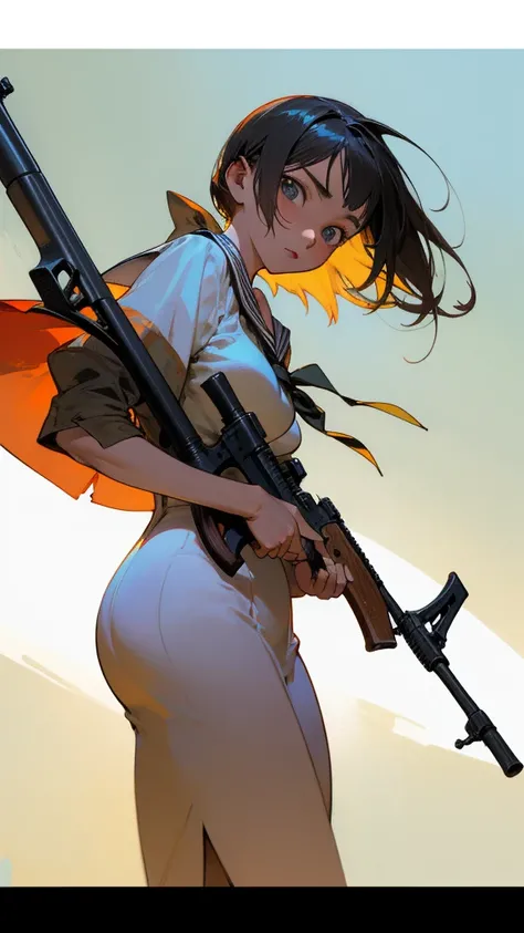 Anime girl, holding a black rifle, center frame, facing viewer, detailed uniform (sailor fushigi style),  short bob haircut, large eyes,  realistic anime style,  (detailed skin texture:1.2),  (smooth hair:1.1),  (accurate rifle detail):1.1,  bright lightin...