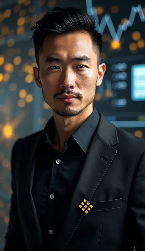 "Create a hyper-realistic image of Binance personified as a human being, envisioned as a sharp and confident male in his late 30s. He exudes a sense of financial expertise and innovation, with a sleek, modern appearance. His outfit is business-casual yet t...