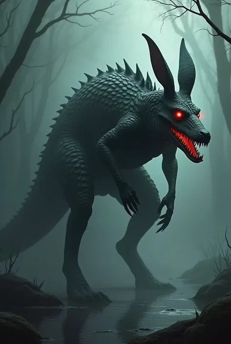 Create a terrifying, nightmarish hybrid of a crocodile and a kangaroo, set in a shadowy, mist-filled swamp. The creature should have the massive, muscled legs of a kangaroo for powerful leaps, but its body is covered in dark, jagged crocodile scales. Its e...