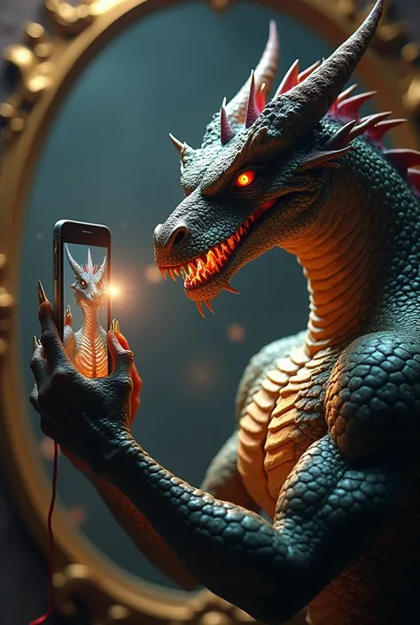 (photorealism:1.2), a strong and ferocious male dragon taking a selfie in front of a mirror with an iPhone in his hand for the selfie and the cell phone showing a flash from where I take the photograph