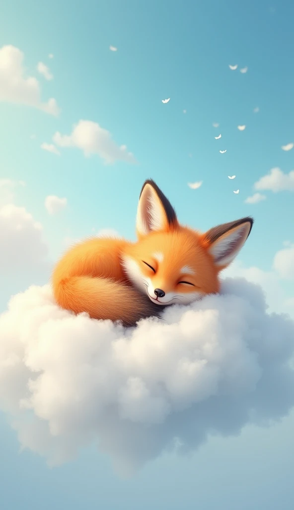 “A cute, sleeping baby fox curled up comfortably on a fluffy white cloud, floating in a clear, blue sky with scattered soft clouds. The scene conveys a peaceful, dreamy atmosphere, as if the fox is resting in a serene, magical sky.”