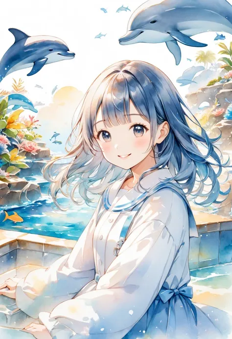 Aquarium and dolphin background 、A smiling woman in the anime is slouching with a dolphin、Long sleeve dress、The sleeves are fluffy、 watercolor style 