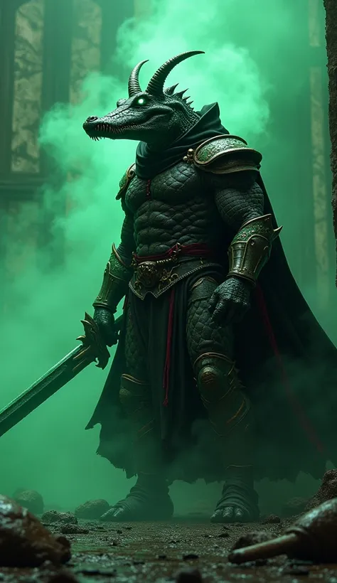 cinematic ,HKStyle, crocodile Knight, with dark green flame sword, muscular, big two horns ,black lava necromantic armor with red elements ,black hood and cape, armor infused with a robe, glowing eyes,smoke, nature inspired, bones as an accessory, night at...