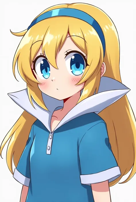 Cute Blonde Anime Maria Robotnik with blue eyes wearing a blue headband and wearing a Massive Blue Popped Collar Polo with her collar fully popped up