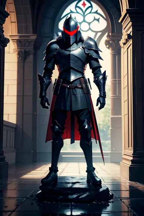 tall man, knight, pitch black armor, helmet with red feather on top, full body shot, casual pose, standing on stone tiled floor, castle setting