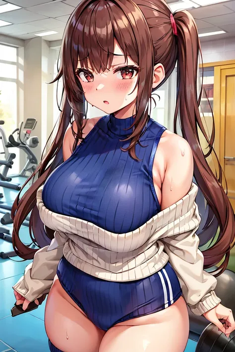  Breastless head、Petite、 girl、Big Breasts、Junior high school students、Gym clothes、Open jacket、Brown Hair、 ponytails、Ground、(large breasts:1.3), busty, flowing sweat, narrow shoulder,(impossible sweater:1.05), see through, sleeveless,