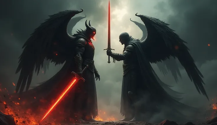 A shadowy figure representing Satan with red eyes and a sinister expression. Michael the Archangel with a glowing sword, standing in a defensive posture