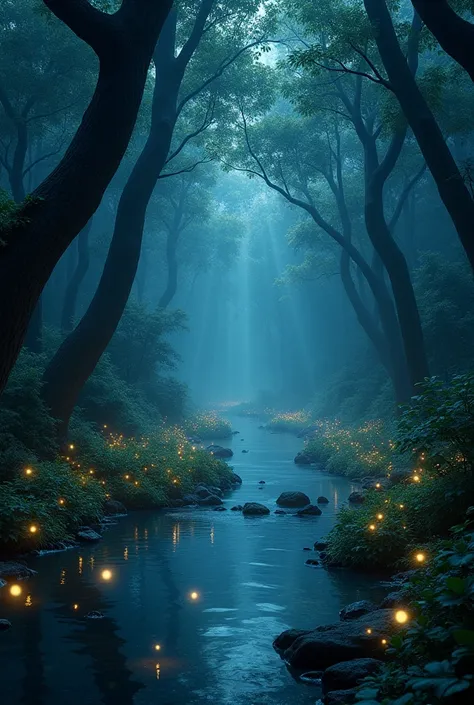 ((masterpiece, highest quality, Highest image quality, High resolution, photorealistic, Raw photo, Extremely detailed CG unified 8k wallpaper)),  Dramatic Light, Volumetric Light, A sacred space with a forest at night, a mystical spring, fireflies flutteri...