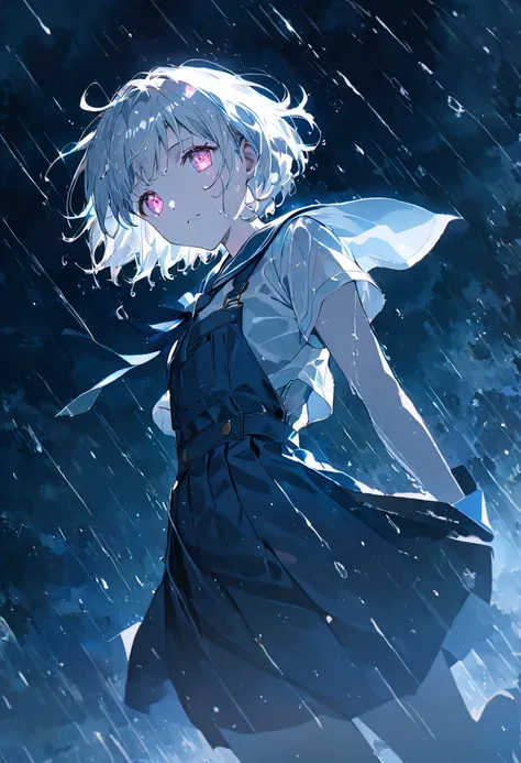 Anime Style, ,.  upper body,Overall side angle ,  white skin, white hair , Short Hair,  wear a sailor suit ,Get wet,GIRL JUMP  ,   pink eyes shining in the rain of light,White,Sparkling Eyes,Sparkling Eyesのハイライト,In the light  ,  highlight glowing eyes  , ,...