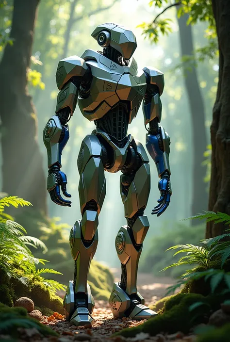 Create an image of polynetica polygon robot which is standing in forest 