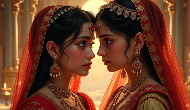 Two Rajput princesses crying looking at each other