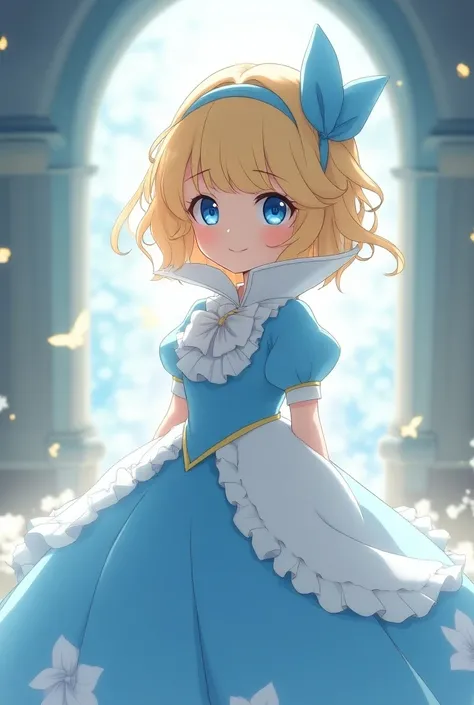 Cute Blonde Anime Princess Maria Robtink with blue eyes wearing a blue headband and wearing a Blue Dress with a Massive Medici Popped Collar taller than her head