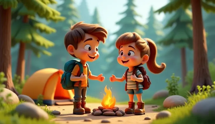 guy and girl on camping trip. 3D Pixar animation style.