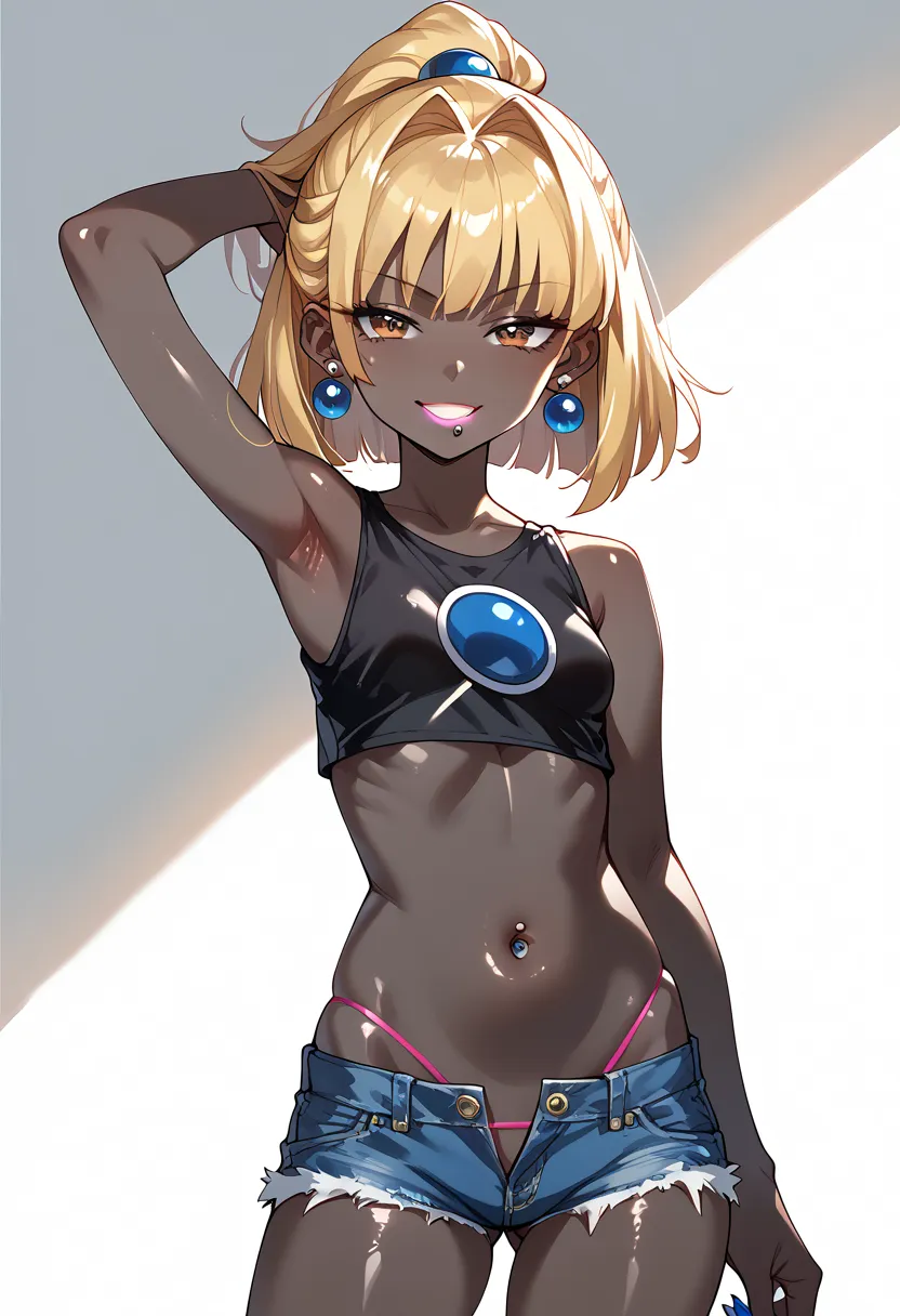 masterpiece, hi-res, best quality,8k
(arle nadja,blonde,petite,small breasts)(((pitch black skin, shiny skin )))( black crop top...