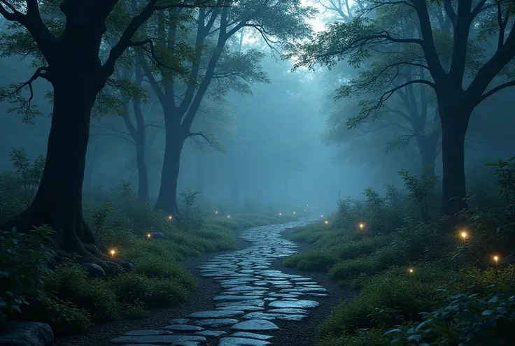 create a beautiful magical forest , Evening, stone path, overgrown shrubs and grass moving through the breeze , thick groves , bathed in night light, darkness, some haze , many fireflies fluttering through the thick forest:1.5, idyllic magical environment ...