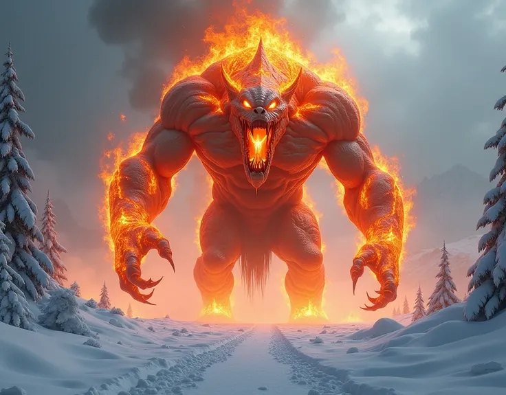 A big angry fire monster walking right infront of viewers in snow 