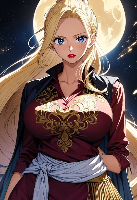 anime, anime one piece, Female character, Very long hair,  light blond hair , Long FRINGE, ponytail hairstyle,  subtle freckles on the cheekbone ,  slight blush on the cheekbone ,  red lips , light blue eyes,  Big breasts , very pretty face ,  High resolut...