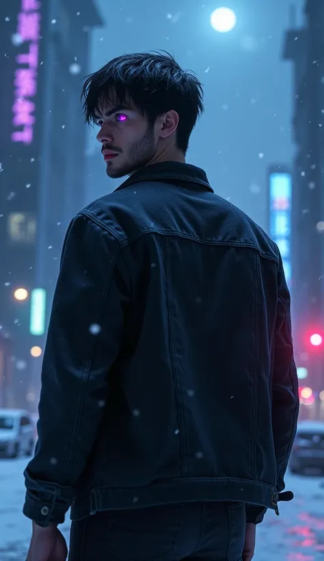 (Realistic) (Serious expression) (Pose with back to image, looking back) 1 young adult man with dark purple glowing eyes pupil, broad shoulders, messy black hair parted in the middle and short beard. Wearing an open black denim jacket, a black shirt undern...