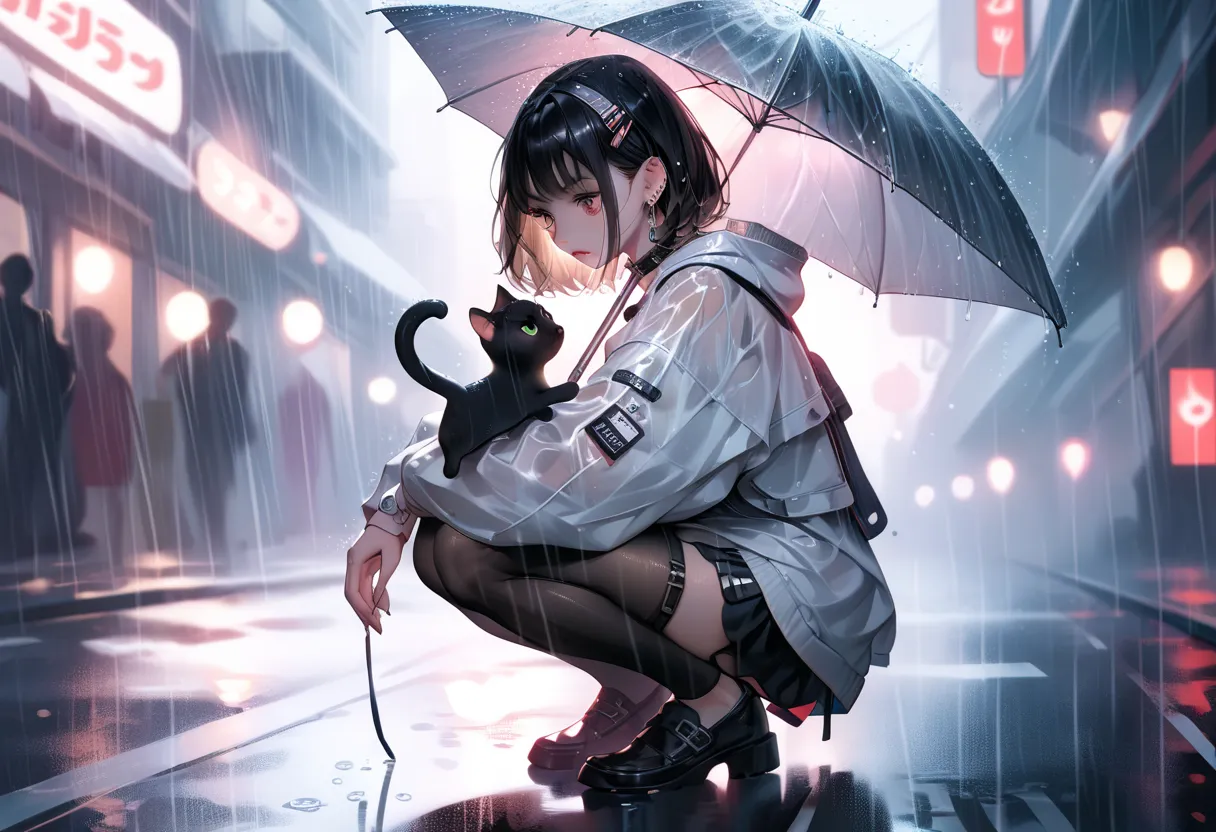 1girl, original, solo, rain, holding transparent umbrella, squatting, looking at animal, cat, blurry background, from side