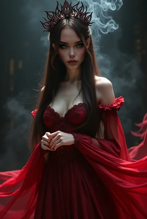 non-Asian appearance ,  Beautiful woman ,  the dark crown on the head , magic smoke around , straight hair,  medium chest ,  the dress is more uniform,  brown hair , white skin, white skin, white skin,  red bright eyes , rich red lips , scarlet dress (grad...