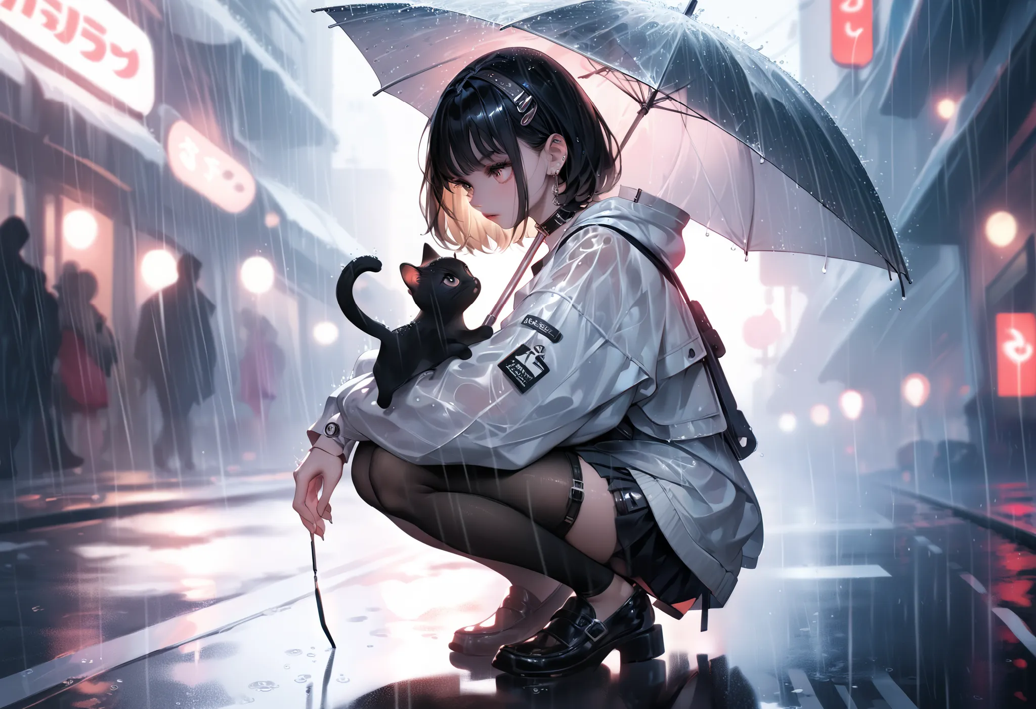 1girl, original, solo, rain, holding transparent umbrella, squatting, looking at animal, cat, blurry background, from side