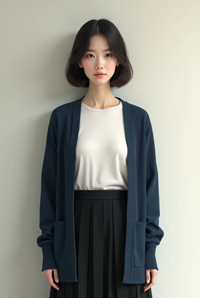 Married Woman、 Japanese、Cute、Quiet personality、 short hair、 straight hair、Dark Hair、Navy blue cardigan、 white t-shirt、 black long skirt 、