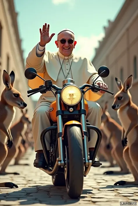  Pope Francis wearing dark lenses ,  smiling, in his priestly clothing ,  giving the blessing with his right hand while holding the motorcycles handlebars with his left hand, riding a supermotard-style motorcycle inside the Vatican,  while kangaroos around...