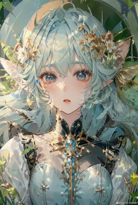 sagittarius、bow、beauty、short hair、kusano kan 、elf ears、 beautiful plant colored eyes、 grass blue hair 、athena、bowを構えている、bow遣い