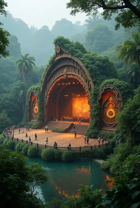 hand made huge Stage for music festival theme in rain forest with light