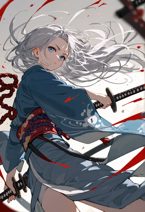 score_9, score_8_excellent, kimono, Blue eyes,Silver hair,Battle scene,Katana