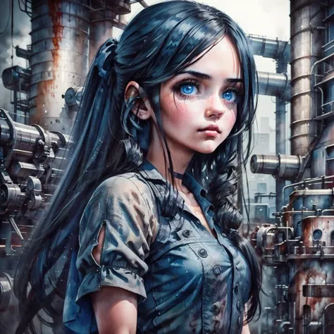 Girl with long black hair, blue detailed eyes, beautiful eyes, inside a factory, dark atmosphere, horror