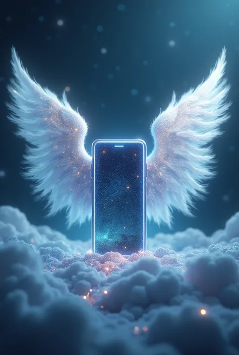 An otherworldly phone with angelic wings forming its frame, adorned with shimmering stardust."