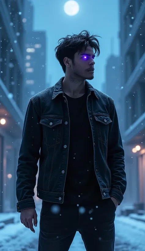 (Realistic) (Serious expression) (Pose with back to image, looking back) 1 young adult man with dark purple glowing eyes pupil, broad shoulders, messy black hair parted in the middle and short beard. Wearing an open black denim jacket, a black shirt undern...