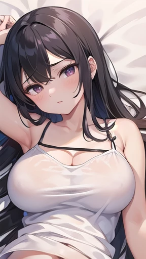  1 girl, Game CG,((  White Camisole )),((Big Breasts)),  black hair, Long Hair,   straight hair,   dark eyes, ((Lie on your back on a silk sheet)),(( Seductive Expression )), big chest