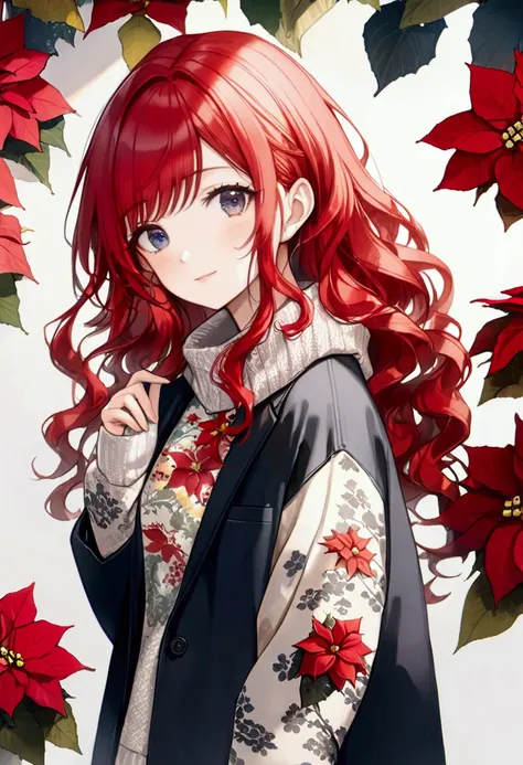 Beautiful woman、One female、One flower on the hand 、Smile a little、（super masterpiece、 photorealistic 、 hyperrealistic ）、( one poinsettia flower:1.7)、( red hair:1.7)、( long wavy hair :1.7)、Beautiful eyes、Beautiful Anime Paintings、 Detailed Anime Art 、 color...