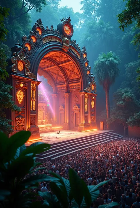 hand decorated huge Stage for music festival In a city theme in rain forest with lights. 