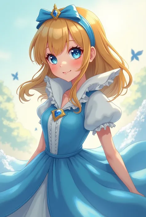 Cute Blonde Anime Princess Maria Robtink with blue eyes wearing a blue headband and wearing a Blue Dress with a Massive Popped Collar taller than her head