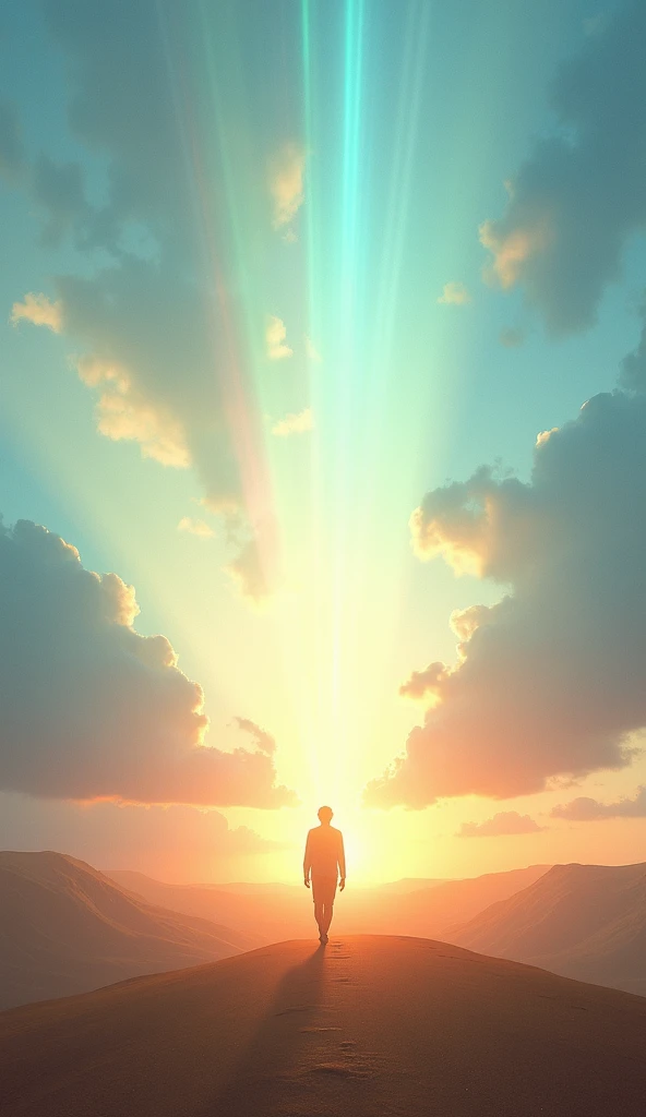 A vast horizon with a clear, bright sky, indicating a new beginning. In the center, a figure walking towards the light with sure steps. All around, light bands of soft colors appear, like rainbows in the distance, conveying hope and divine promises.