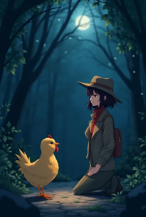 An anime detective woman who is beautiful simple and looks smart talking to a chick and a rooster while they are in a forest at night time