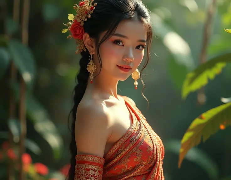 Thai girl wearing thai dress with buff