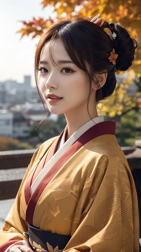  traditional Kyoto colored with autumn leaves Like With the cityscape in the background 、 An elegant woman wearing a gorgeous kimono stands 。 kimono is based on gold, and the 、The 、 with patterns of autumn leaves and autumn grass delicately drawn on the 。 ...